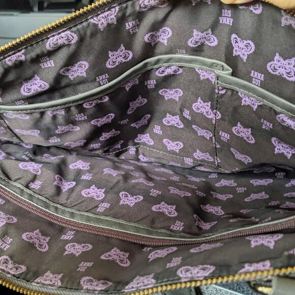 Anna Sui BUtterfly Embossed Leather Satchel Shoulder Bag Dark Brown - Picture 5 of 5